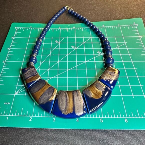 Vintage Blue Ceramic Statement Necklace Gold Glazed Art Pottery Beaded Necklace - Picture 3 of 7